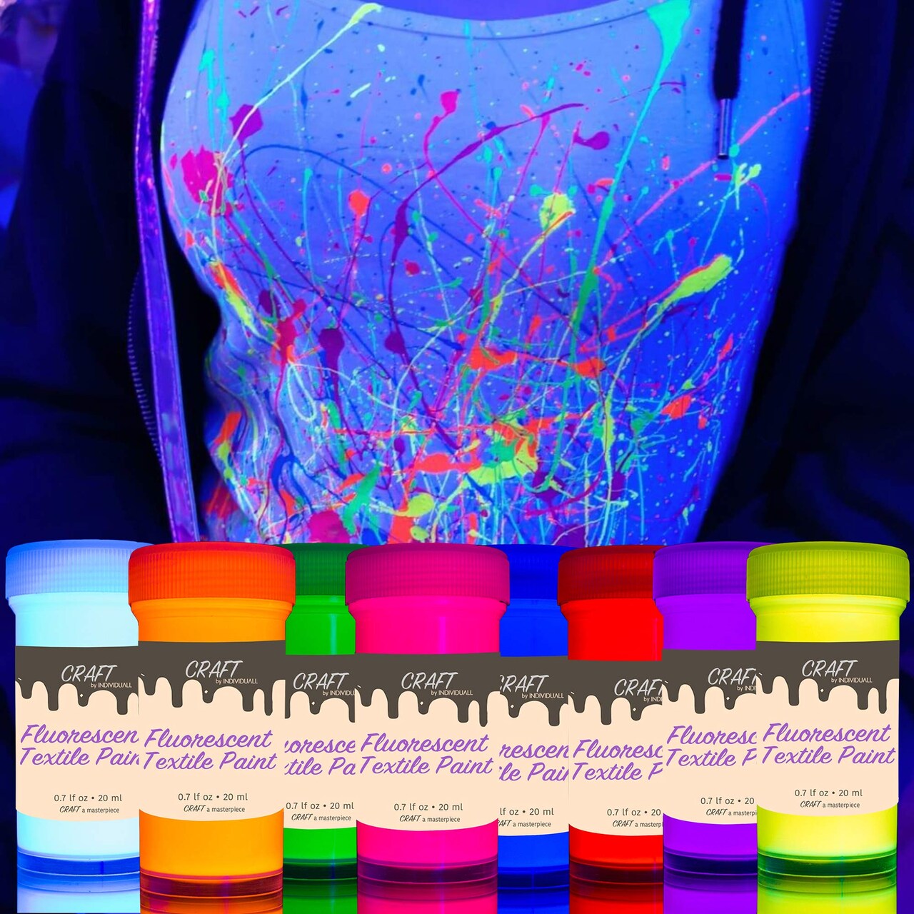 8 Colors Craft Textile & Fabric UV Paint - Fabric Neon Black Light Paints - Fluorescent Clothing Colors – Vibrant Glowing Paints - 8 x 20 ml / 0.7 fl oz